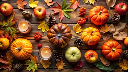 Autumn harvest arrangement with pumpkins, apples, and leaves