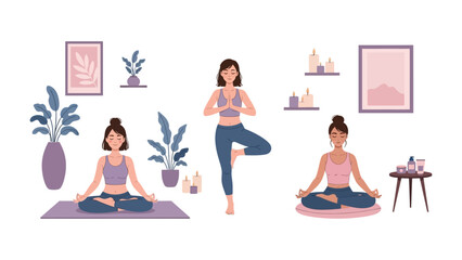 Serene woman in lotus pose meditating with essential oil bottles and candles for aromatherapy and self care