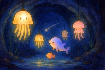 海底ランプのクラゲとイルカ