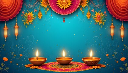 Indian festival invitation with diya lamps, rangoli patterns, and bright marigold designs