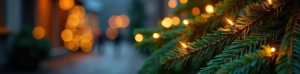 Warm glowing lights entwined in fragrant pine boughs, holiday scene , evergreen, illumination, festive