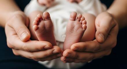 Close-up shot of a newborn baby's tiny feet gently cradled in loving hands, showcasing delicate details with a soft, warm light against a dark background conveying a tender and