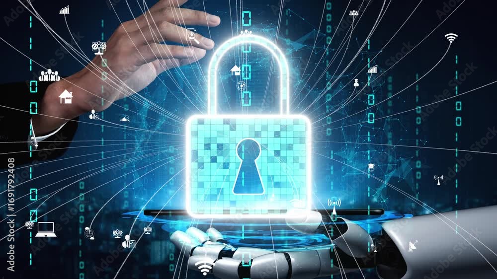 Poster a futuristic image showcasing a hand interacting with a glowing digital lock above a smartphone, sym