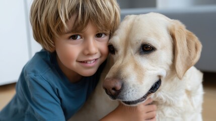 A child happily patting his dog, reassured after the vet confirms good health. 