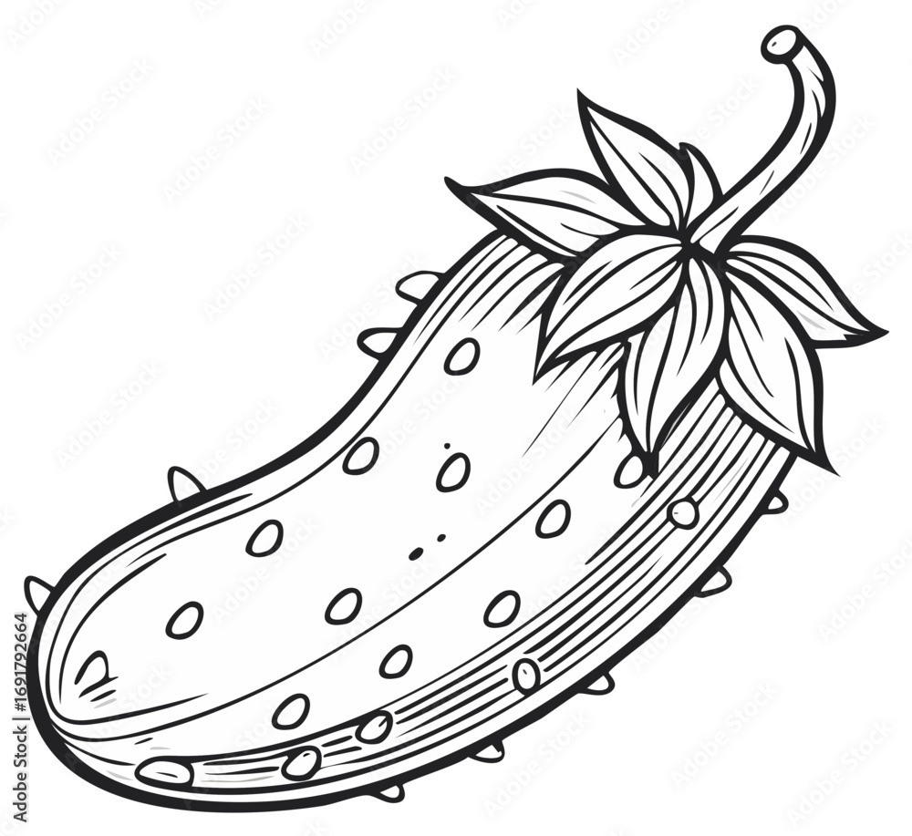 Poster stylized drawing of a prickly cucumber with leaves and a curved stem in black and white