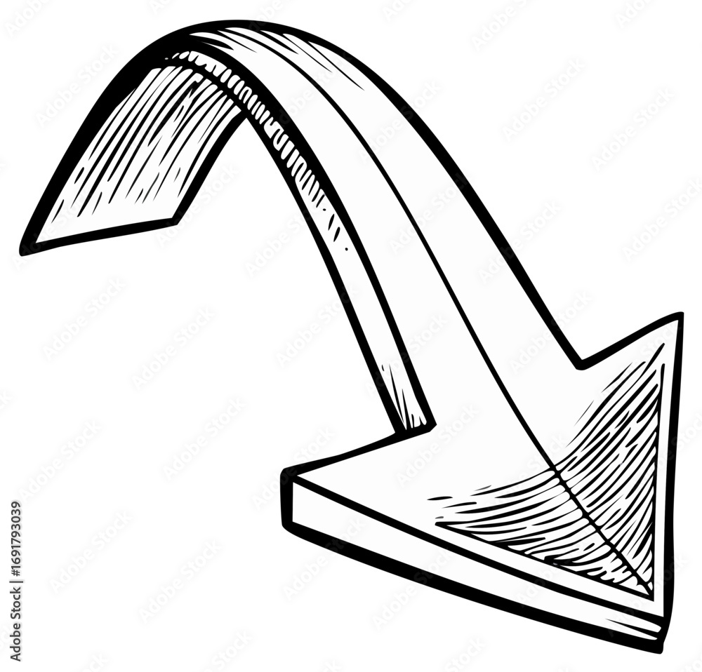Aufkleber hand drawn three dimensional arrow pointing down in a sketch style