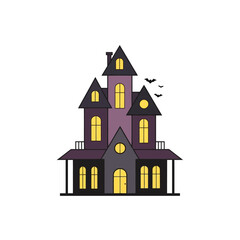 Spooky Haunted House Illustration with Glowing Windows and Bats, Perfect for Halloween Greetings, Party Invitations, or Creepy Decoration projects.