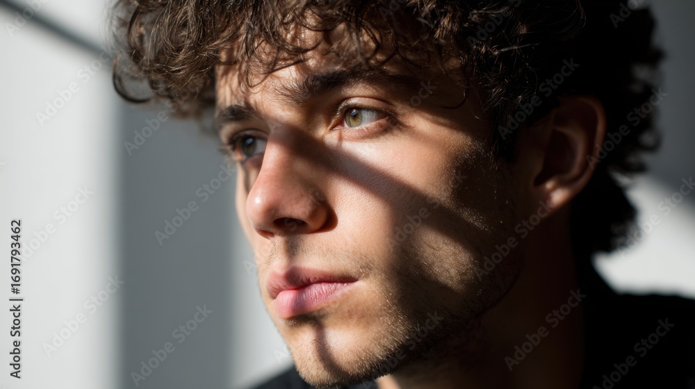 Poster a young man with curly hair, feminine features, captured in a portrait with dynamic shadows adding d