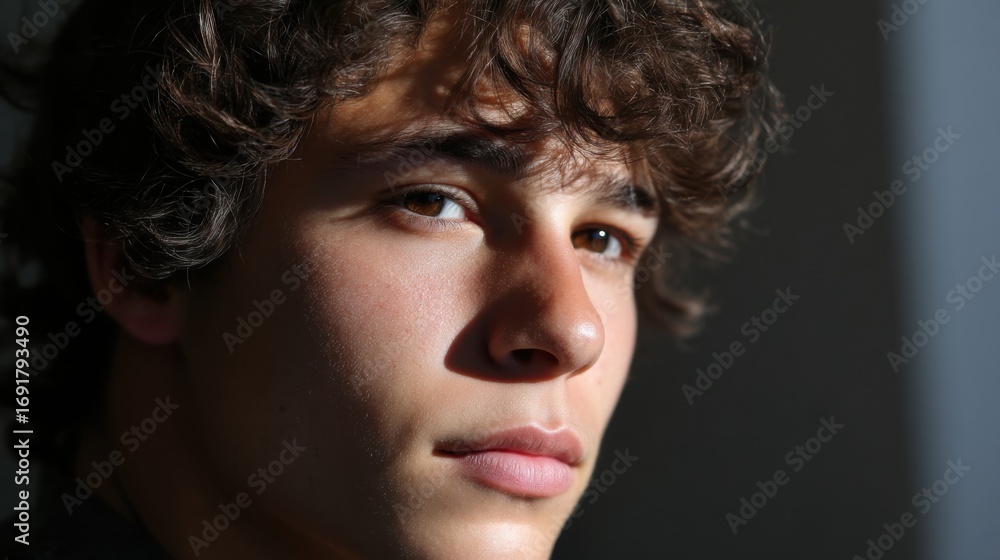 Poster a young man with curly hair, feminine features, captured in a portrait with dynamic shadows adding d