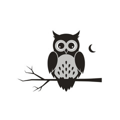 Stylized Owl Illustration Perched on a Branch Under the Moonlight. Suitable for children's books, educational materials, or nature-themed designs.