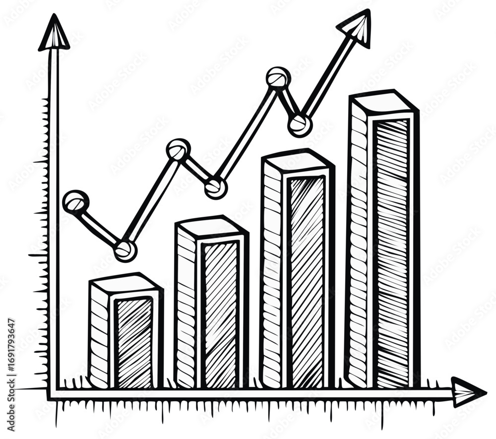Poster hand-drawn style graph with rising bars and a dynamic trend line shows growth.