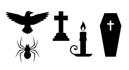 Spooky Halloween Icons Collection Featuring Raven, Spider, Grave, Candle, and Coffin Silhouette for Holiday Decoration and Graphic Design Projects.