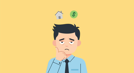Cartoon Man Contemplating Home and Finances on Yellow Background