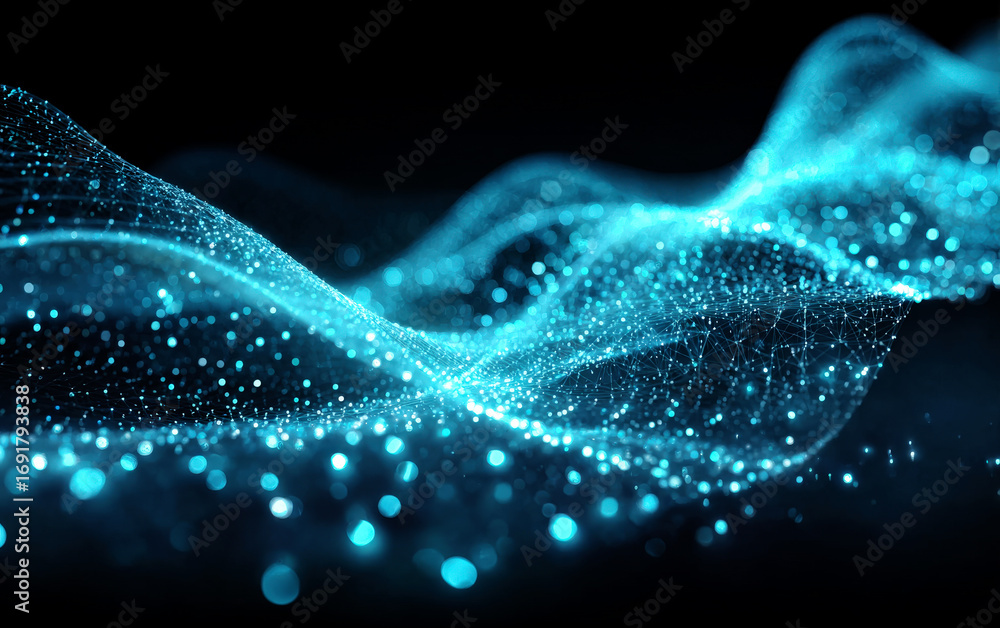 Poster abstract blue particle waves representing digital technology