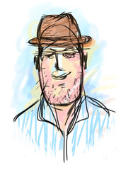Man in a cowboy hat digital hand drawn illustration a happy and smiling gentleman.