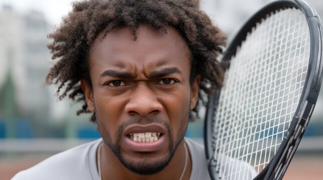African American male tennis player with an intense expression, holding a racket in the middle of a match outdoors.