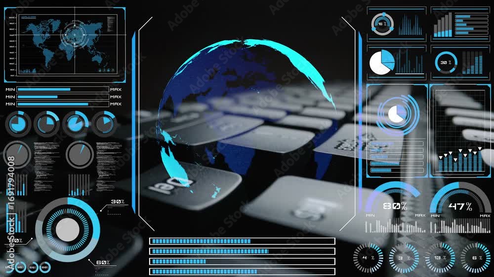 Poster high-tech global network connection interface showing worldwide digital communication, data exchange