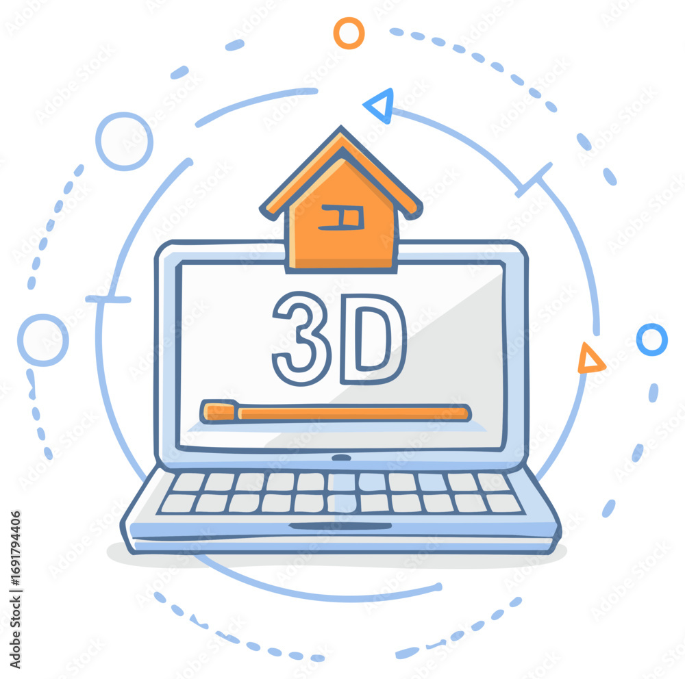 Fototapete laptop displaying 3d house model creation progress bar concept of digital architecture and virtual h