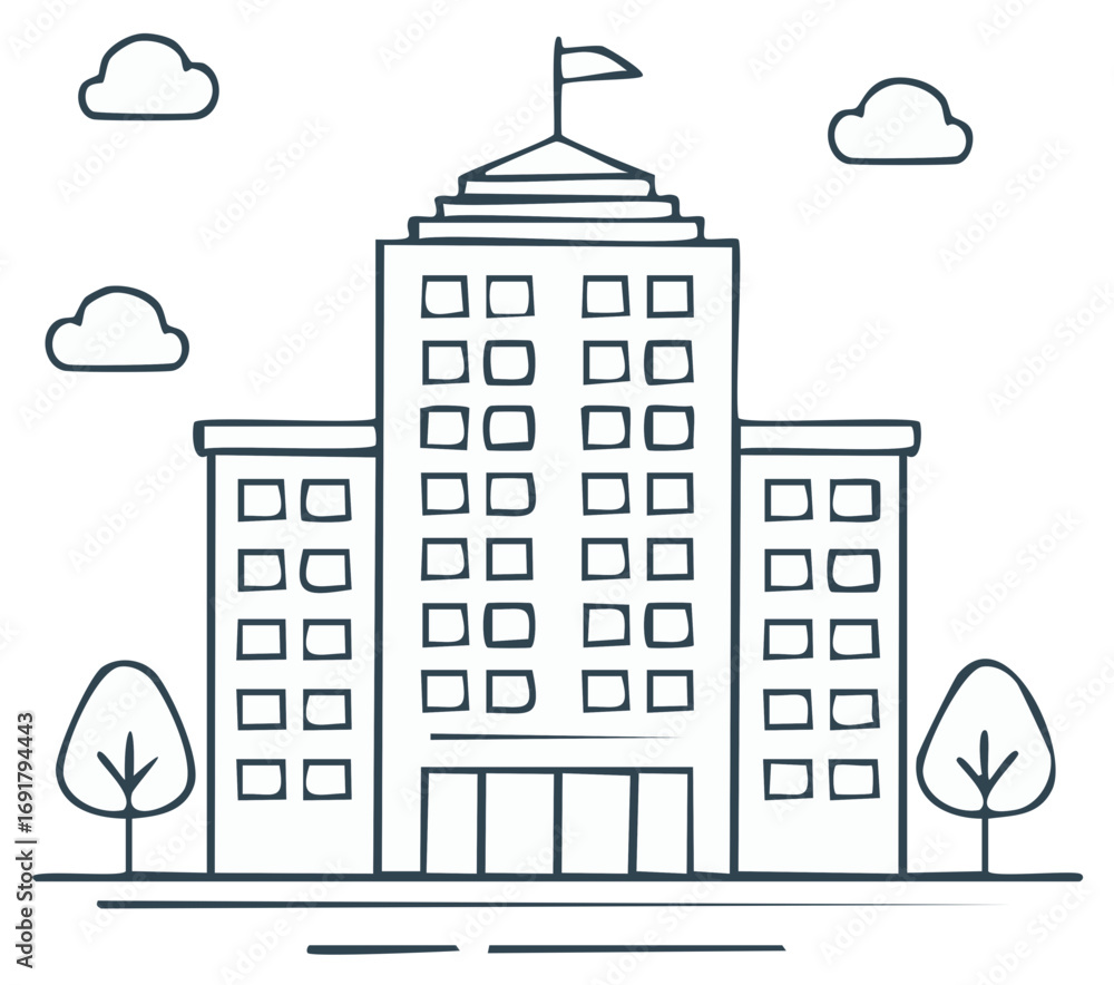 Poster hand-drawn vector illustration of a large building with trees and clouds.