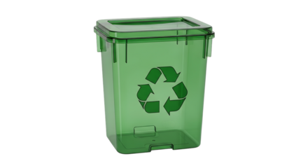 Green plastic recycling bin with universal recycling symbol isolated on transparent background