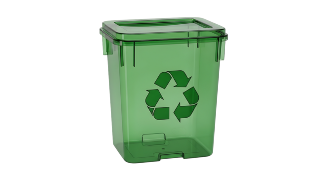 Green plastic recycling bin with universal recycling symbol isolated on transparent background