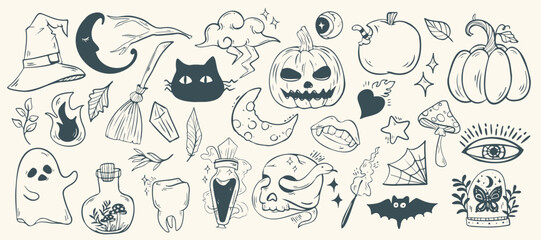 Spooky Line Art Halloween Doodle. Halloween clipart featuring pumpkins, skull, ghost, moon, cat, and witchy elements. Great for greeting cards, party invitations, prints, and digital artwork.