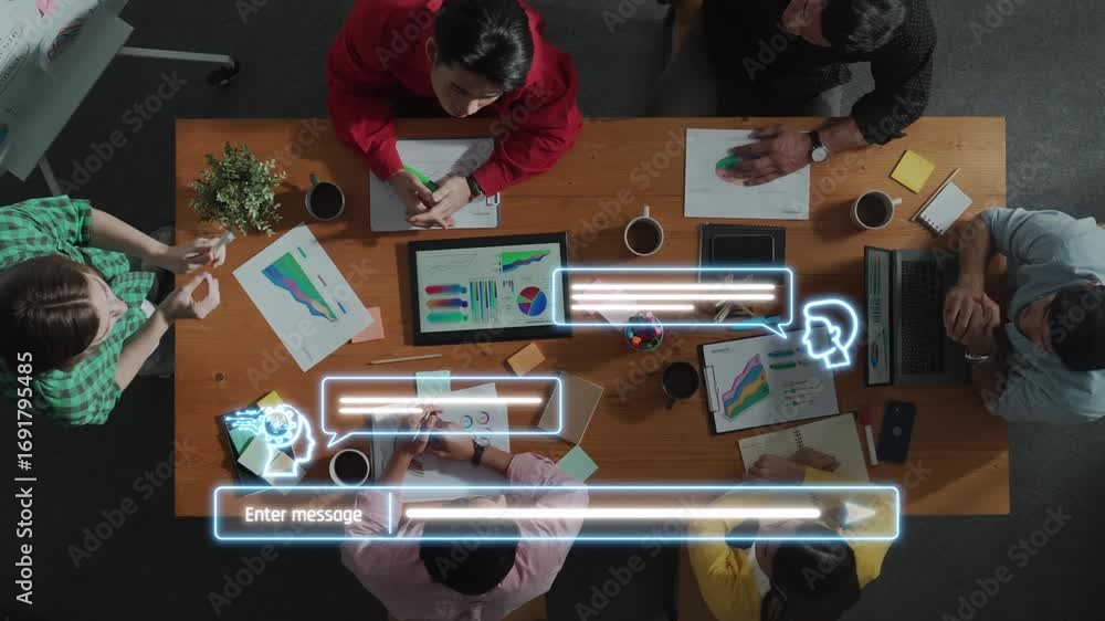 Poster a diverse team collaborates in a modern office space, using digital tools and open discussion to bra