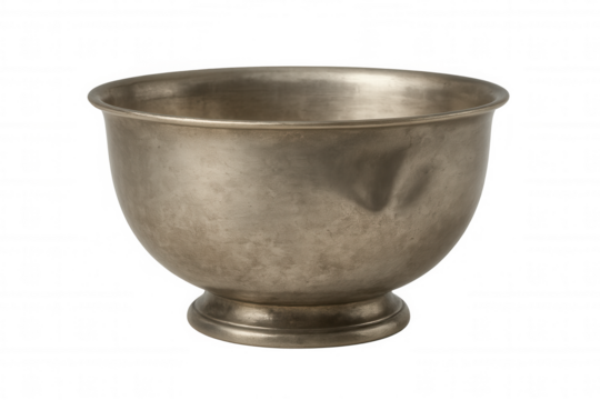 Antique metal bowl with a worn, tarnished finish, isolated on a transparent background, perfect for vintage or historical projects