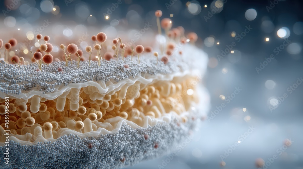 Poster a detailed microscopic view illustrating the complex structure of a cell membrane with various parti