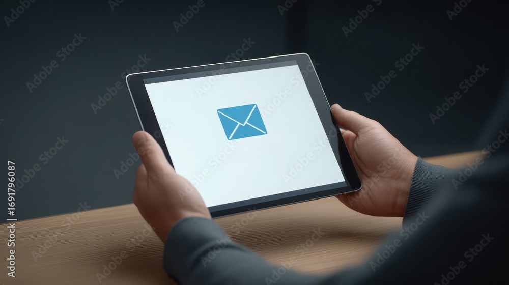 Poster tablet displaying an email icon held by hands in a modern setting.