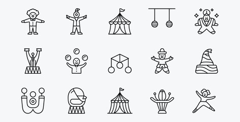 Circus related outline icons with clowns and circus tent vector graphic