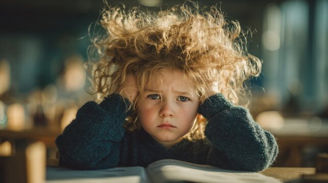 Child with frizzy hair expressing frustration in classroom environment natural light emotional portrait