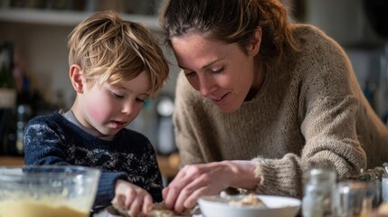A young blond boy and a woman with brown hair are baking together in a cozy kitchen. They are focused on preparing dough with various ingredients around them.