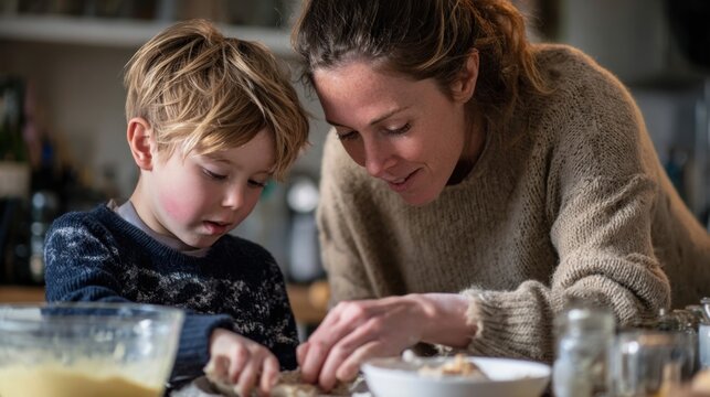 A young blond boy and a woman with brown hair are baking together in a cozy kitchen. They are focused on preparing dough with various ingredients around them.
