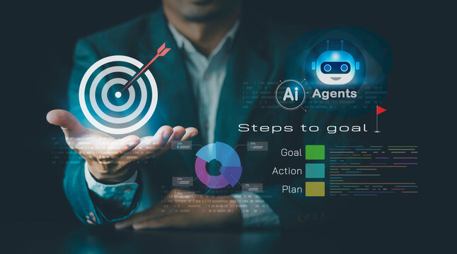 Businessman using AI-agents analytics, Business goal and target success for leader investing in assets business and finance with Steps to goal achieved progress and marketing strategies research