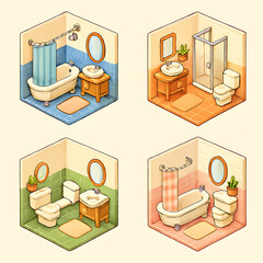 Four Isometric Cartoon Bathrooms with Bathtubs Showers and Toilets illustration isolated on a transparent background