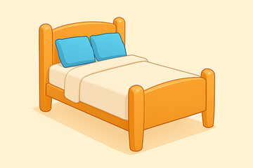 Cartoon Orange Double Bed With Two Blue Pillows and White Bedding queen bed bedroom isolated on a transparent background