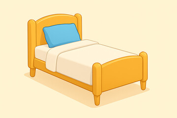 Cartoon Yellow Single Bed With Blue Pillow and White Bedding twin bed bedroom isolated on a transparent background