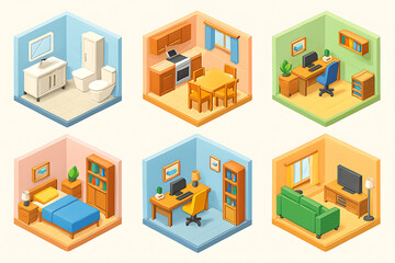 Isometric Illustration of Six Different Room Layouts with Furniture rooms interior design isolated on a transparent background