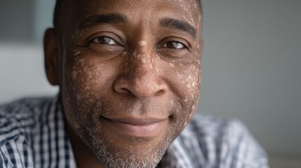 Fototapeta premium Close-up portrait of a mature man with vitiligo, smiling confidently. 