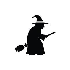 Black silhouette witch flying broomstick vector