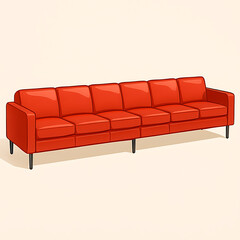 Long Red Leather Sofa with Six Cushions and Black Legs on Light Background couch isolated on a transparent background