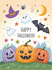 Cheerful Halloween elements including smiling pumpkins, playful ghosts, and a whimsical background