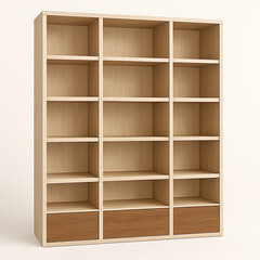 Empty Light Wood Bookcase With Three Drawers On White Background bookshelf shelf isolated on a transparent background