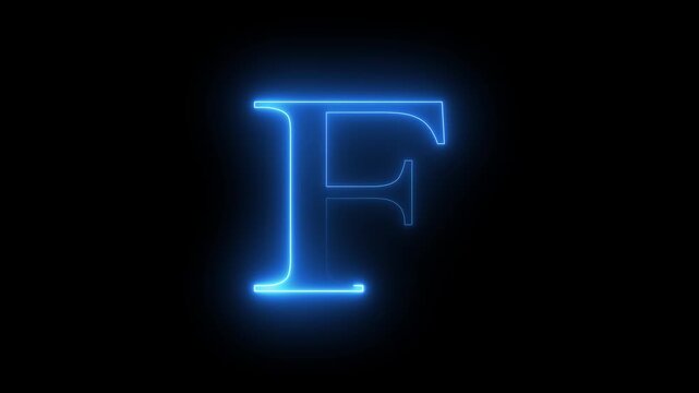 Glowing neon letter 'F' symbol, a shiny light font illustration on a black background