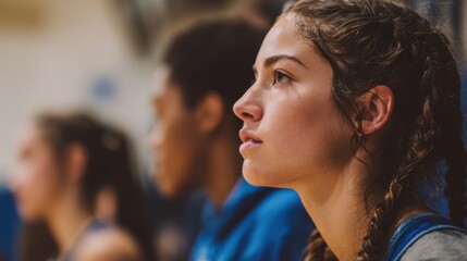 A young Caucasian woman with braided hair sits on a bench, focused and contemplative. She is part of a diverse group of teenagers in a gym setting.
