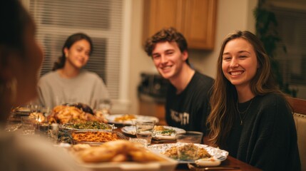 A group of diverse young adults enjoying a meal together at a dining table. The scene includes various dishes and a warm, inviting atmosphere.