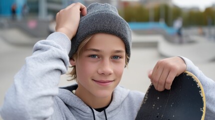 Confident young skater adjusting hair while resting on a skateboard.