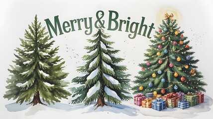 Merry and bright snowy christmas trees with gifts festive holiday celebration season