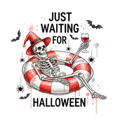 Spooky skeleton wearing a witch hat relaxing in a life preserver with a glass of wine isolated on transparent background